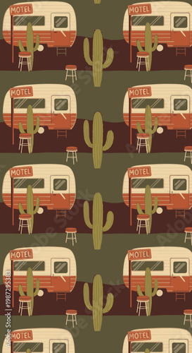 Retro desert seamless pattern with vintage campers, saguaro cacti, and motel details. Perfect for fabric, backgrounds, and travel-inspired projects.
