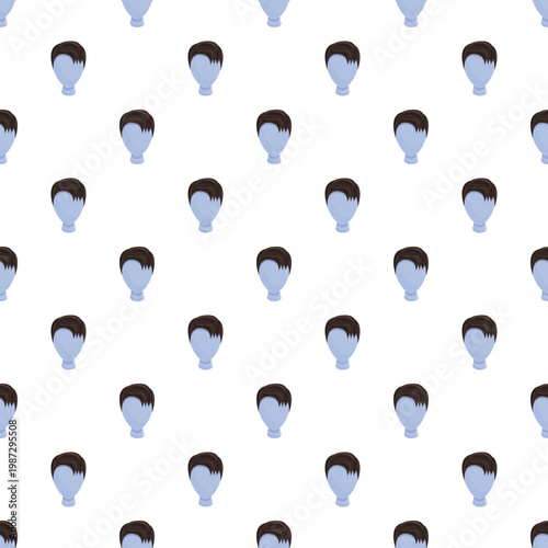 Pattern featuring short brown hair wigs displayed on light blue mannequin heads