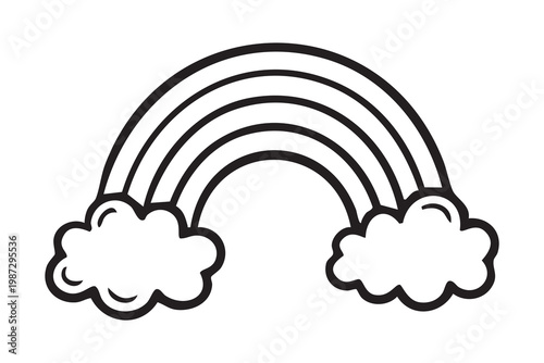 Colorful rainbow with fluffy clouds, simple black outline for nursery and print, whimsical cheerful motif for greeting cards and stickers, pastelfriendly design for pride and inclusivity campaigns,