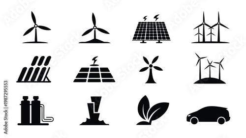 Black and white icons of renewable energy sources including wind turbines solar panels and electric vehicles
