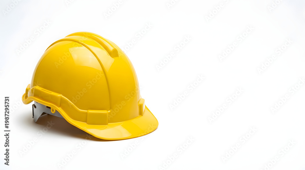 Fototapeta premium Bright yellow hard hat on white background safety first
