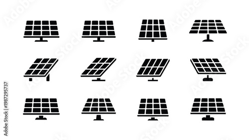 Black and white silhouettes of solar panels in various angles and arrangements showcasing energy technology in minimalist designs