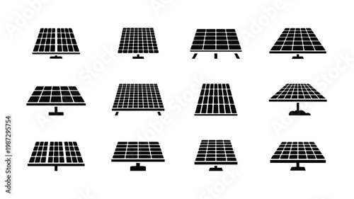 Solar panel array icons with varied mounting systems in minimalist black and white design flat vector illustration for renewable energy concepts