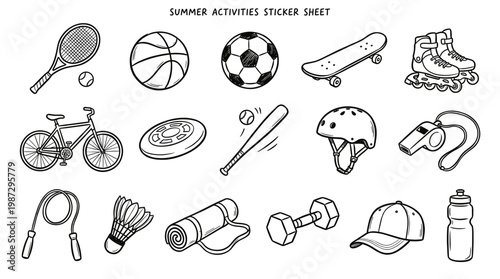 A collection of hand-drawn black and white illustrations of various summer sports and outdoor activity equipment, presented on a sticker sheet.