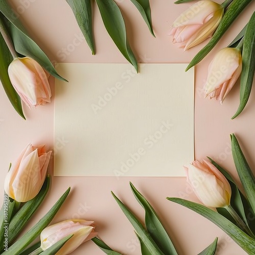 realistic aesthetic flat lay, empty cream card, soft pink tulips minimal premium photography