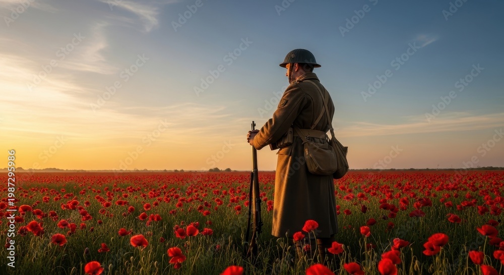 Fototapeta premium A silhouette of a lone soldier standing in a field of red poppies at sunset during wartime remembrance