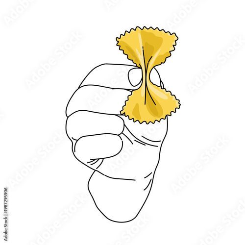Line art hand holding a piece of yellow farfalle pasta in a cartoon style. carbohydrate Food ingredient
