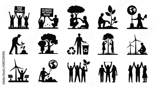 Silhouettes of people planting trees recycling and advocating for climate change with signs and symbols