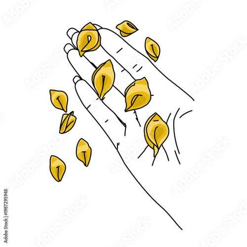 Line art drawing a hand make and holding a bunch of yellow tortellini pasta. Carbonara food ingredient