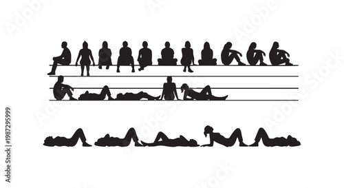 Silhouettes of diverse people in various relaxing poses, sitting and lying down, black and white graphic.