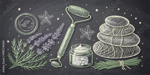 A vector graphic illustration of spa and wellness products, including a jade roller, stones, and herbs, on a dark background.