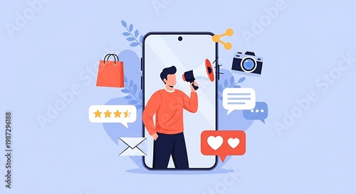 A man is speaking through a megaphone on a large smartphone surrounded by social media icons and symbols on a light blue background with various objects.