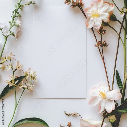 realistic flat lay, vertical blank card flowers, soft natural light, modern minimalist stock photo