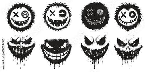 Creepy smiley faces skull horror silhouettes dripping grunge vector
