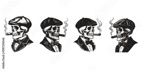 4 Gentleman Skull Smoking Cigar With Flat Cap Set