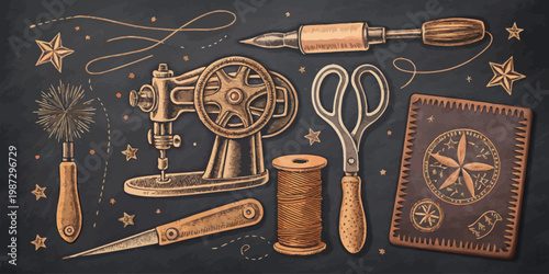 A vintage-style illustration of sewing tools and equipment on a dark background