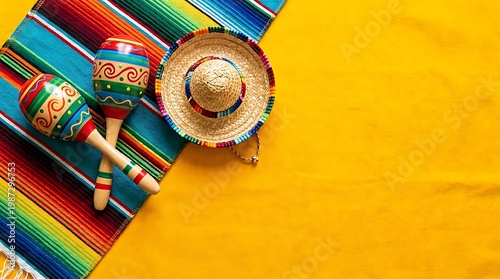 Traditional mexican straw sombrero hat with colorful striped serape blanket and maracas on bright yellow background top down view festive culture