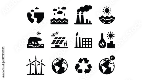 Black and white icons representing environmental conservation renewable energy and sustainability concepts with symbols for solar power wind turbines recycling and pollution