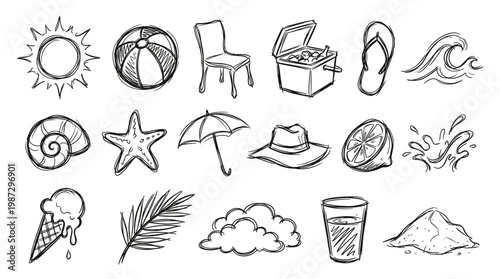 A collection of hand-drawn black and white sketch icons representing various summer beach and vacation elements,
