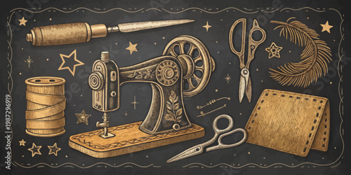 A vintage-style illustration of sewing tools and equipment, including a sewing machine, scissors, and thread, arranged in a decorative composition.