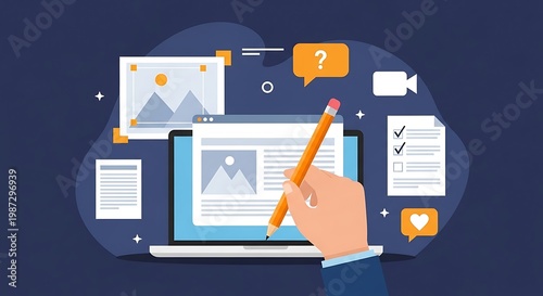 A hand holds a pencil over a laptop displaying a document surrounded by various digital media icons and symbols on a blue background with a white section.