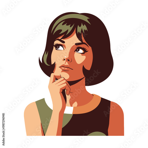 Retro Woman Thinking, Stylized Portrait, Vintage Pop Art Style, Pensive Expression