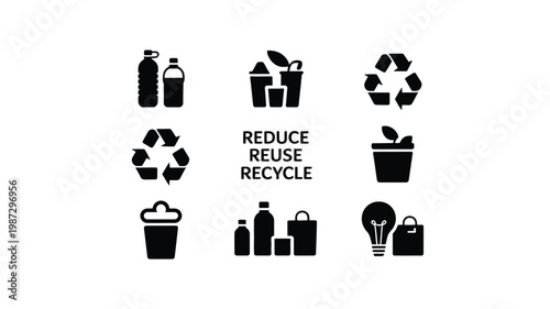 Black and white recycling icons promote sustainability and environmental awareness with reduce reuse recycle themes