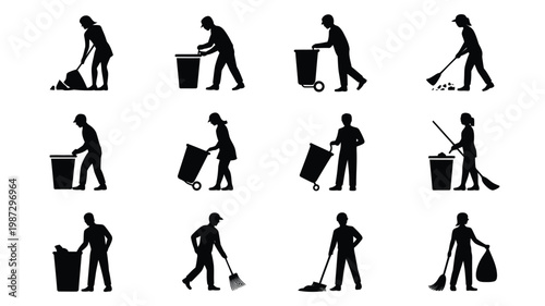 Silhouettes of workers performing cleaning tasks with mops brooms and trash cans in a minimalist style