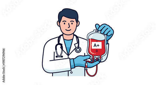 Caring medical doctor holding a blood transfusion bag, symbolizing healthcare, donation, and patient treatment