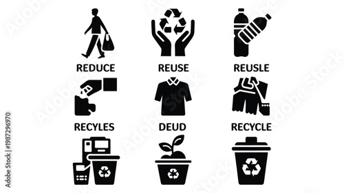 Black and white symbols of recycling reuse and reduce concepts with clear icons for plastic paper and compost