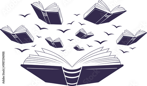 books flying out of open book with birds