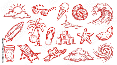 A collection of hand-drawn red sketch illustrations depicting various summer vacation and beach-related elements, including a surfboard, palm tree, sunglasses, ice cream, and a sandcastle.