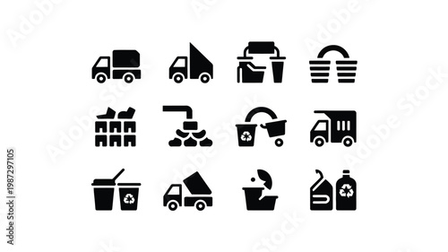 Black and white icons of vehicles machinery and industrial tools arranged in a grid layout for logistics and transportation
