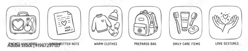 Motherhood love with daily care and school preparation icons