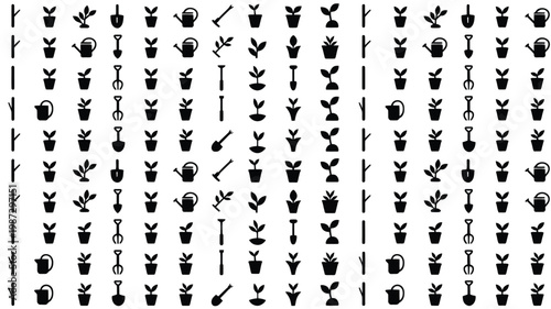 Black and white plant care icons with gardening tools and potted plants for horticulture and botanical design