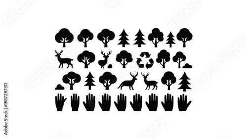 Black silhouette icons of trees deer squirrels recycling symbols and hands planting trees in a grid layout