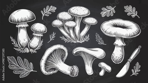 A detailed vector illustration of various mushrooms and leaves on a dark background