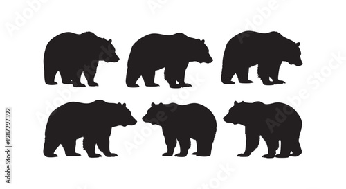 Six different bear silhouettes standing and walking, representing wildlife and animal strength.
