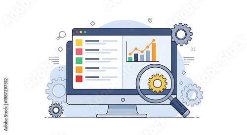 A graphic illustration of a computer monitor displaying a webpage with a magnifying glass and gear, surrounded by mechanical icons.