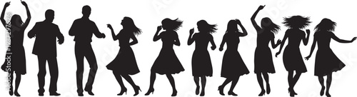 Detailed black and white flat vector illustration collection of various people silhouettes dancing at a party or celebration event.