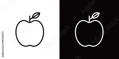 りんごのラインアイコン。白い線と黒い線のモノクロベクターイラストセット
