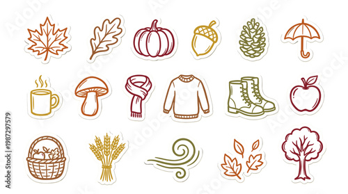 A charming collection of hand-drawn autumn-themed illustrations, featuring iconic fall elements like leaves, pumpkins, and cozy apparel.