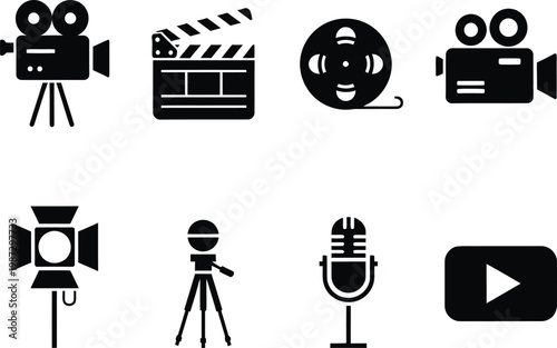Film production equipment icons cameras clapperboard microphones and play button
