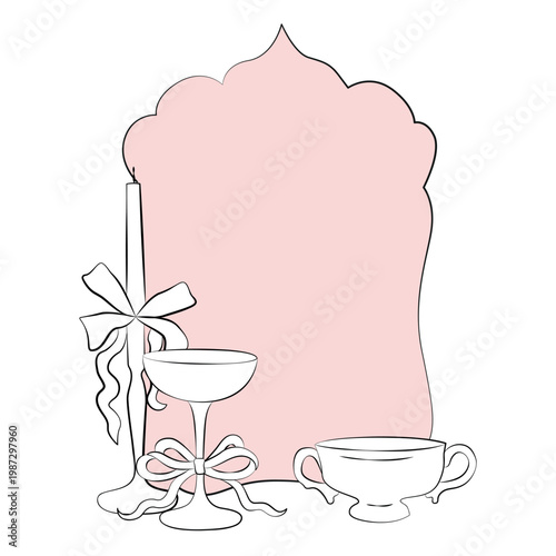 Hand-drawn frame card template with candle, bows and banquet tableware graphic illustration for wedding decor, cards, menu