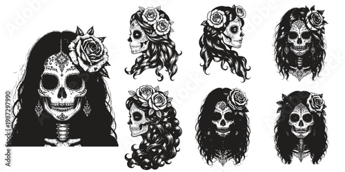 7 La Catrina Sugar Skull Women With Roses Vector Set