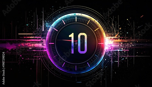 A neon-hued digital countdown displays the number 10 inside a circular dial, set against a dark background. It uses geometric lines and a sci-fi effect