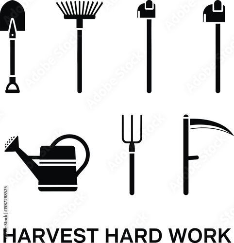 Gardening tools collection spades rakes watering can and harvesting sickles