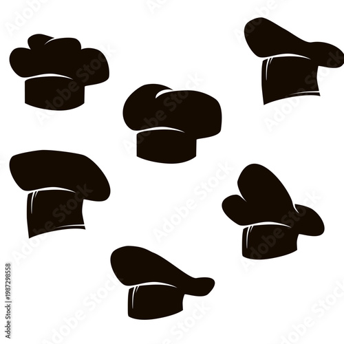 Collection of black chef hat icons, toques vector set isolated on white. Kitchen uniform symbols for cooking, catering, restaurant branding