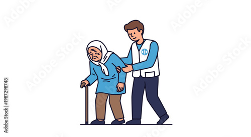 Dedicated young man gently assists an elderly woman with her cane, illustrating essential support and compassionate care for seniors