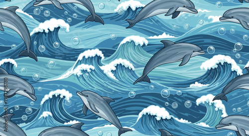 Seamless pattern featuring playful dolphins leaping through ocean waves with bubbles